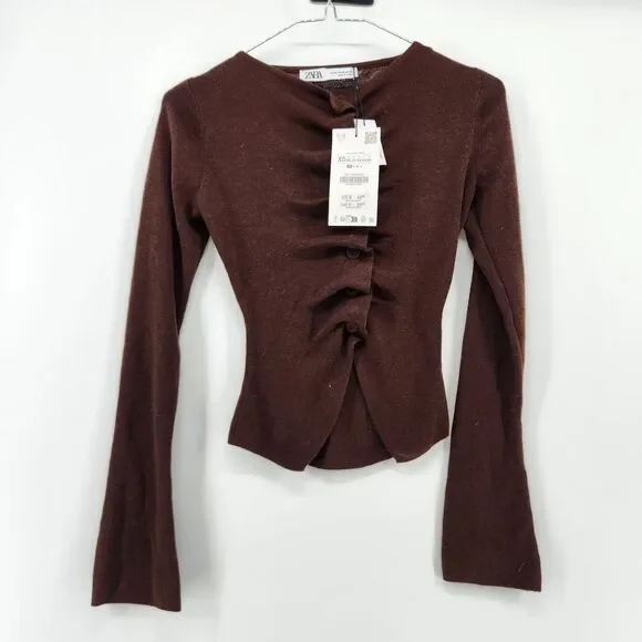 Zara Women's XS Brown Long Sleeve Ribbed Front Cardigan Top NWT - Picture 1 of 7